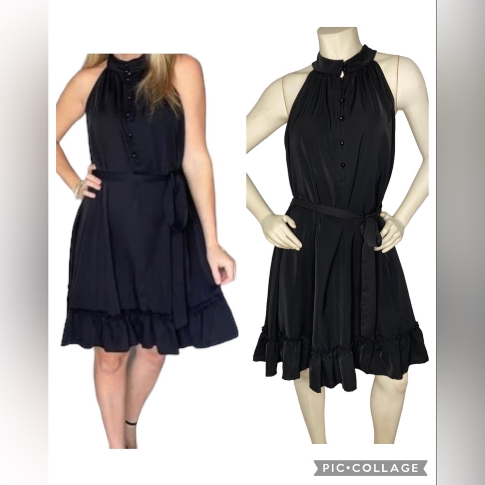 KIRUNDO Black Silk Satin Button Down Sleeveless Ruffle Halter Dress, XL